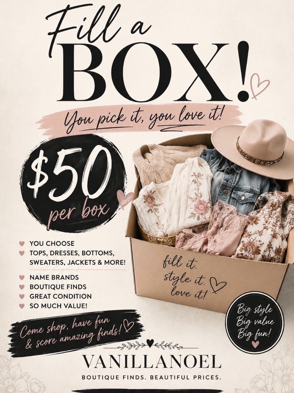 $50 fill a box ! Dresses , sweaters , tops, jackets , hats , jewelry, bottoms !